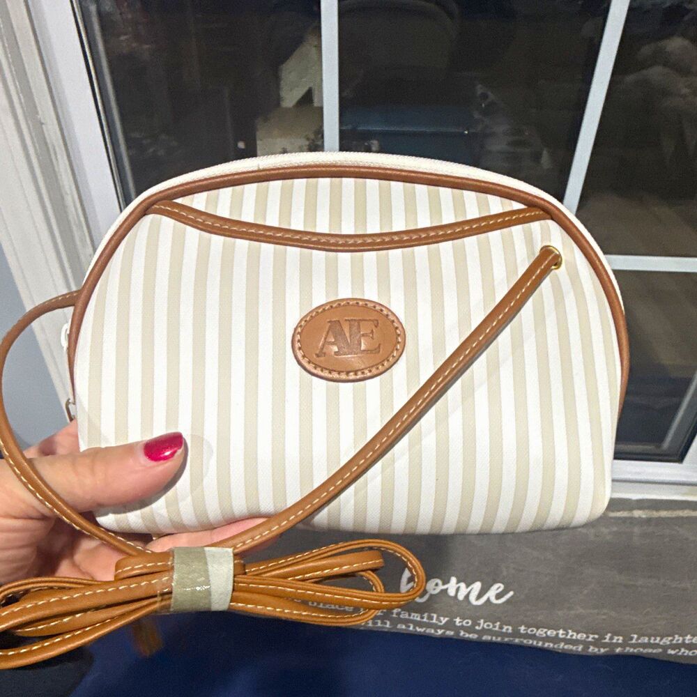 Vintage Allen Edward 3-Piece Striped Makeup Bag /crossbody Set White Beige Brown